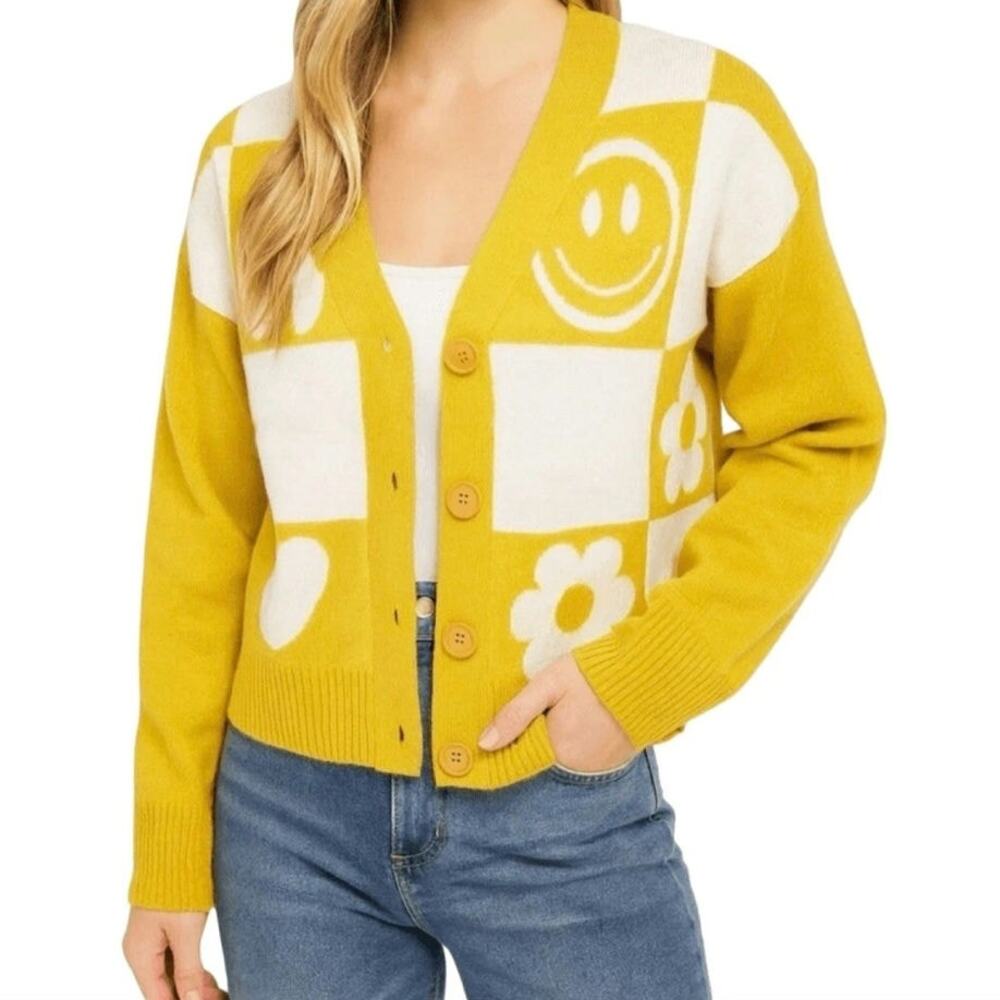 Witty Fox Cardigan Mustard Yellow Checkered Contrasting White Smile Face Flowers